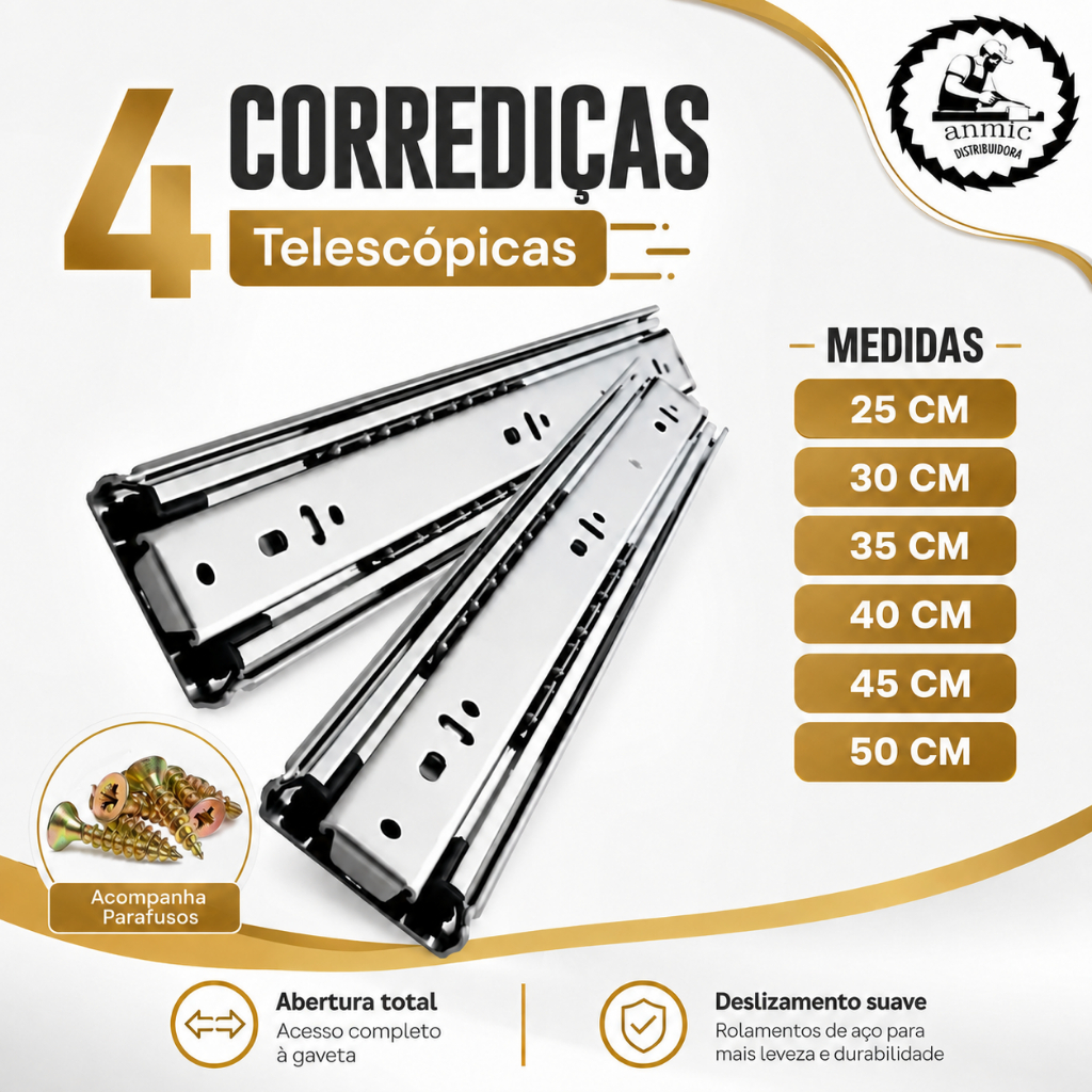 Kit 4 Corrediças de Gaveta Trilho Telescópica Light 25cm 30cm 35cm 40cm 45cm Aço Leve