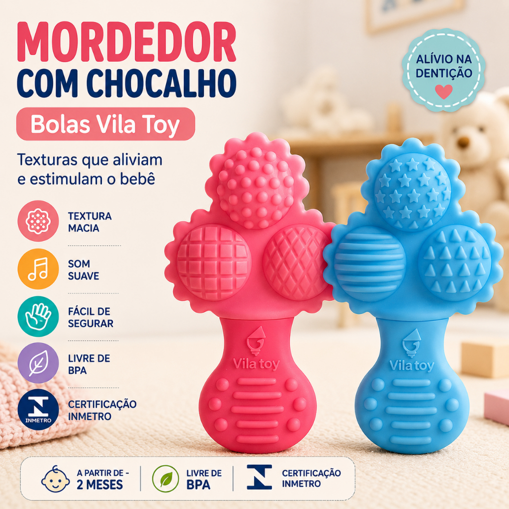 Chocalho Mordedor Bebe Bolas Coloridas Vinil Atóxico Livre Ftalato Sensorial Visual Gengiva Dentição 2 Meses INMETRO