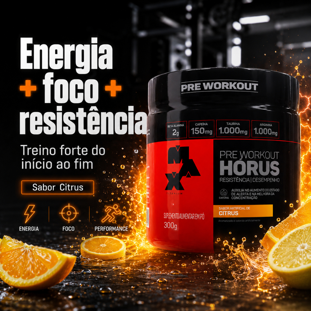 Pré-Treino Hórus Max Titanium 300g Cafeína Beta-Alanina e Taurina Energia Foco e Força Pre Workout Musculação