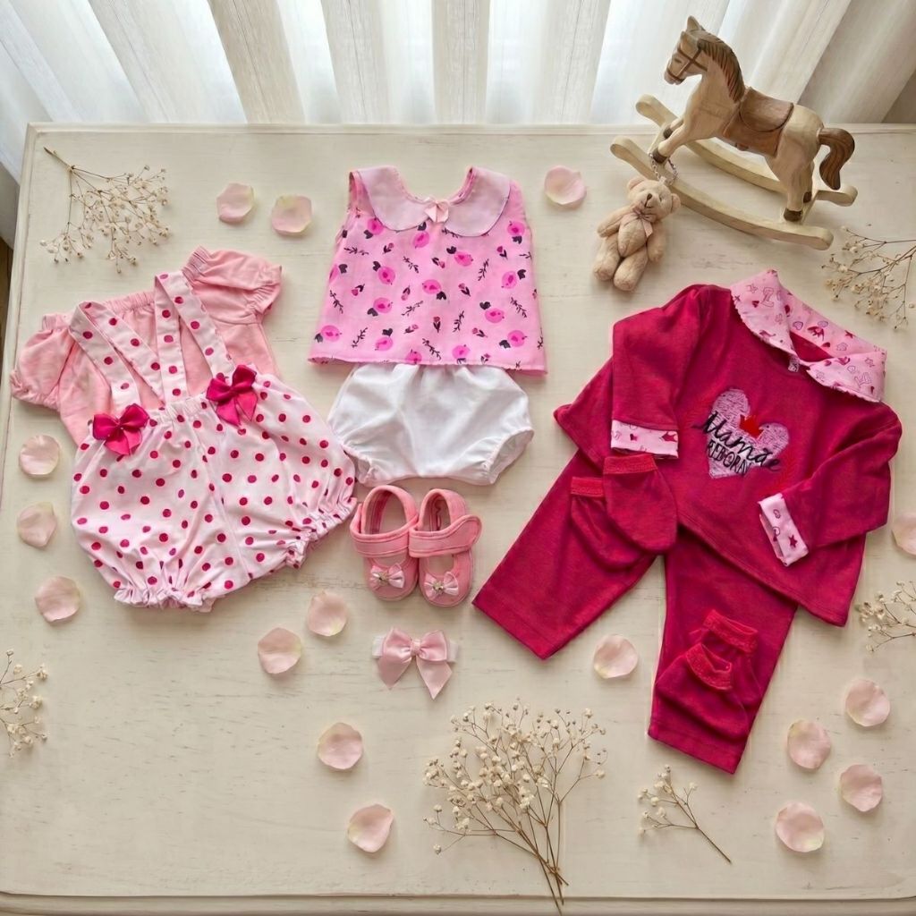 Kit Roupinha Bebê Reborn 3 trocas + Tiara e Sapatinho - Veste de 45 a 50cm!