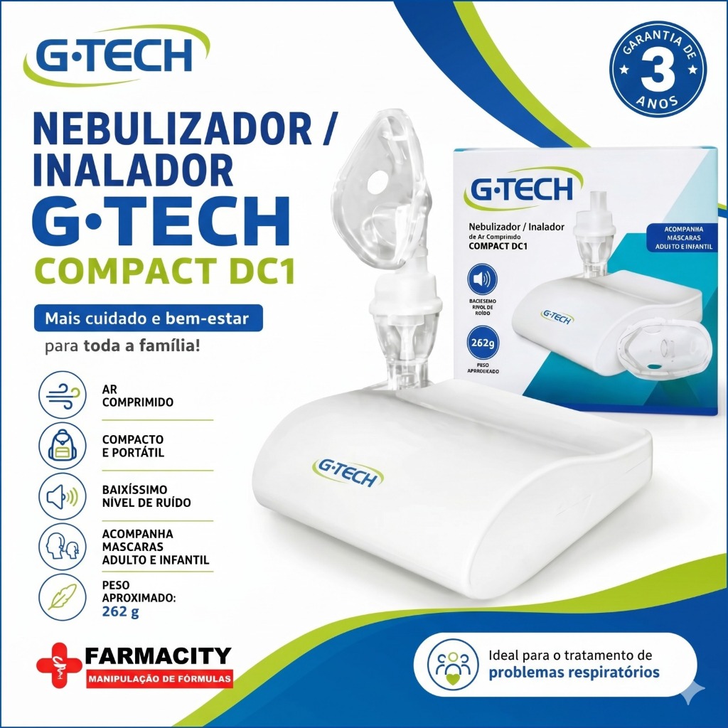 Inalador E Nebulizador Compressor De Ar Comprimido Compact DC1 G-Tech Infantil Adulto Remédio e Corticoides