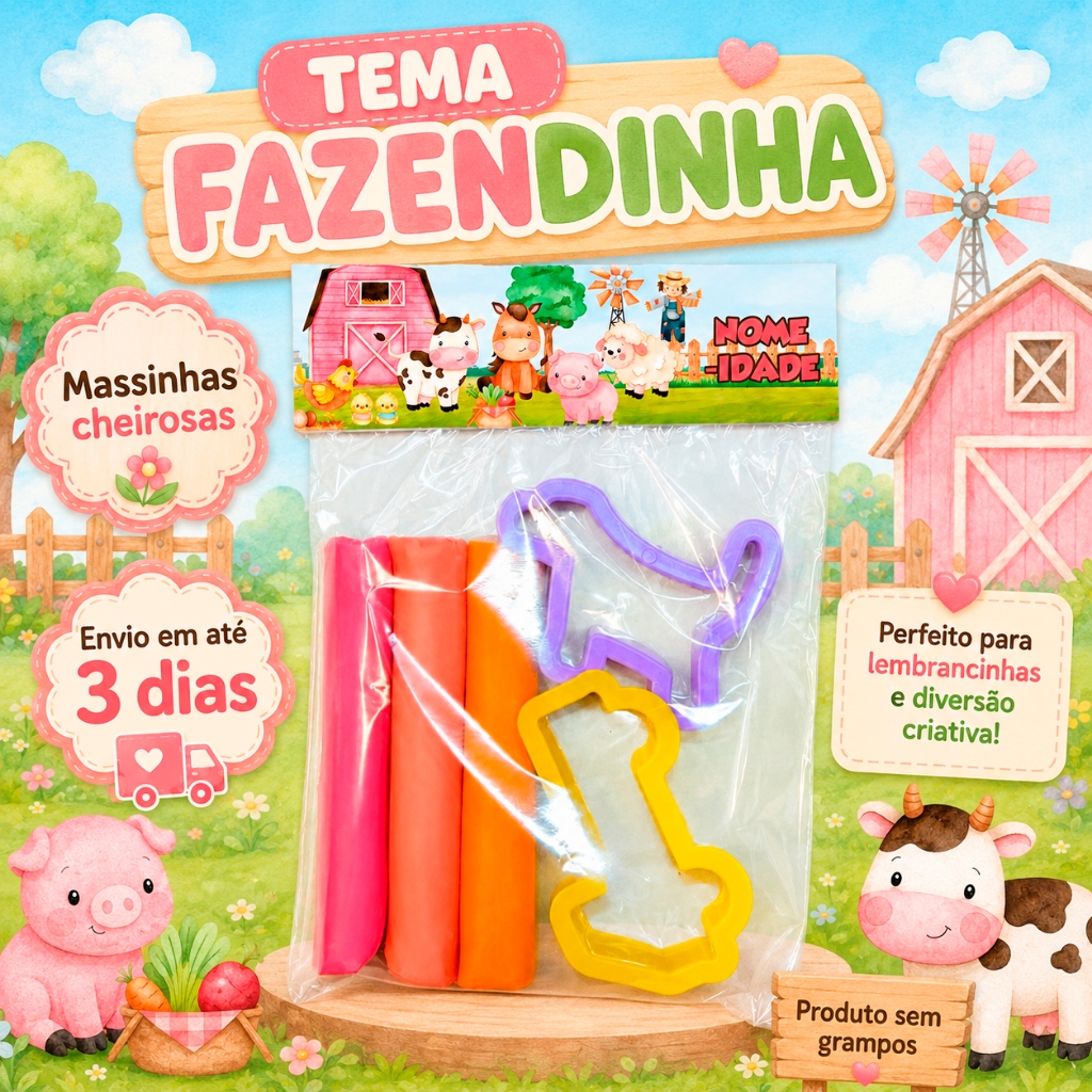 Kit Massinha Grande + Moldes FAZENDINHA ROSA - Sem grampos - Festa, aniversario, lembrancinhas