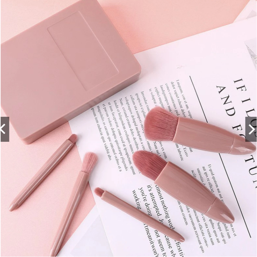Kit Pincéis Maquiagem 5 Peças Rosa com Estojo Organizador Espelho e Cerdas Macias