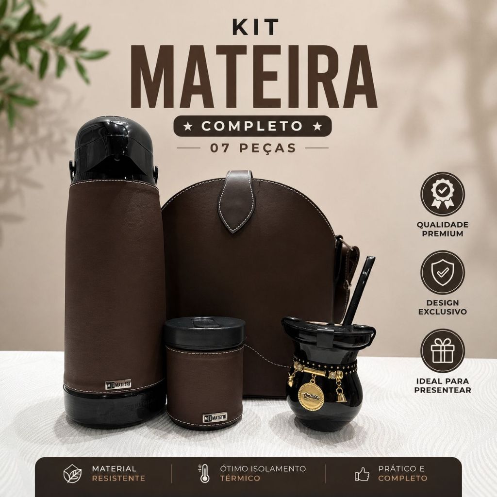 Kit Mateira Chimarrão 07 peças Completo Marrom Com Tapa erva Cuia Madeira Termolar 1.8L