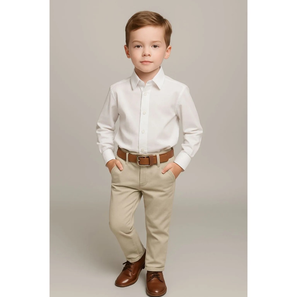 Conjunto Roupa Social Calça Nude Camisa Branca Cinto Infantil Batizado Formatura Casamento Pajem Festa