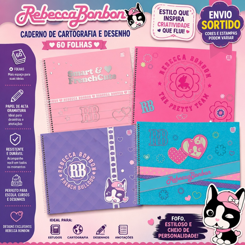 Caderno Desenho Cartografia Rebecca Bonbon 60 Folhas Design Infantil Escolar Artístico