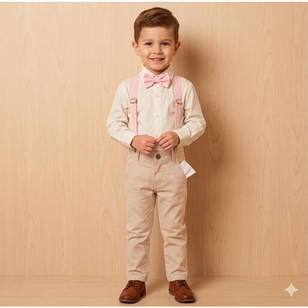 Roupa Conjunto Social Calça Nude Camisa Suspensório Gravata Batizado Pajem Formatura Casamento Festa Infantil Menino