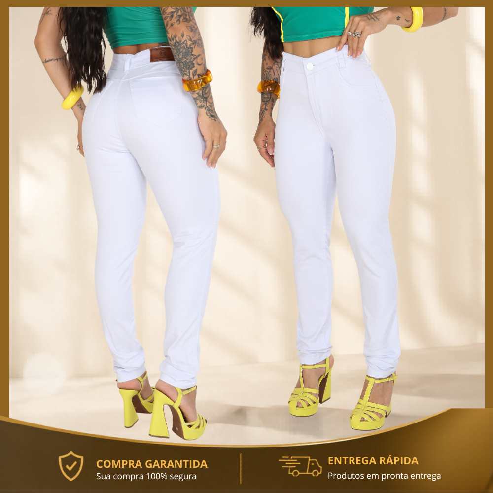 Calça Branca Skinny Feminina Zero Transparência Cintura Alta Modeladora Premium 3% Elastano