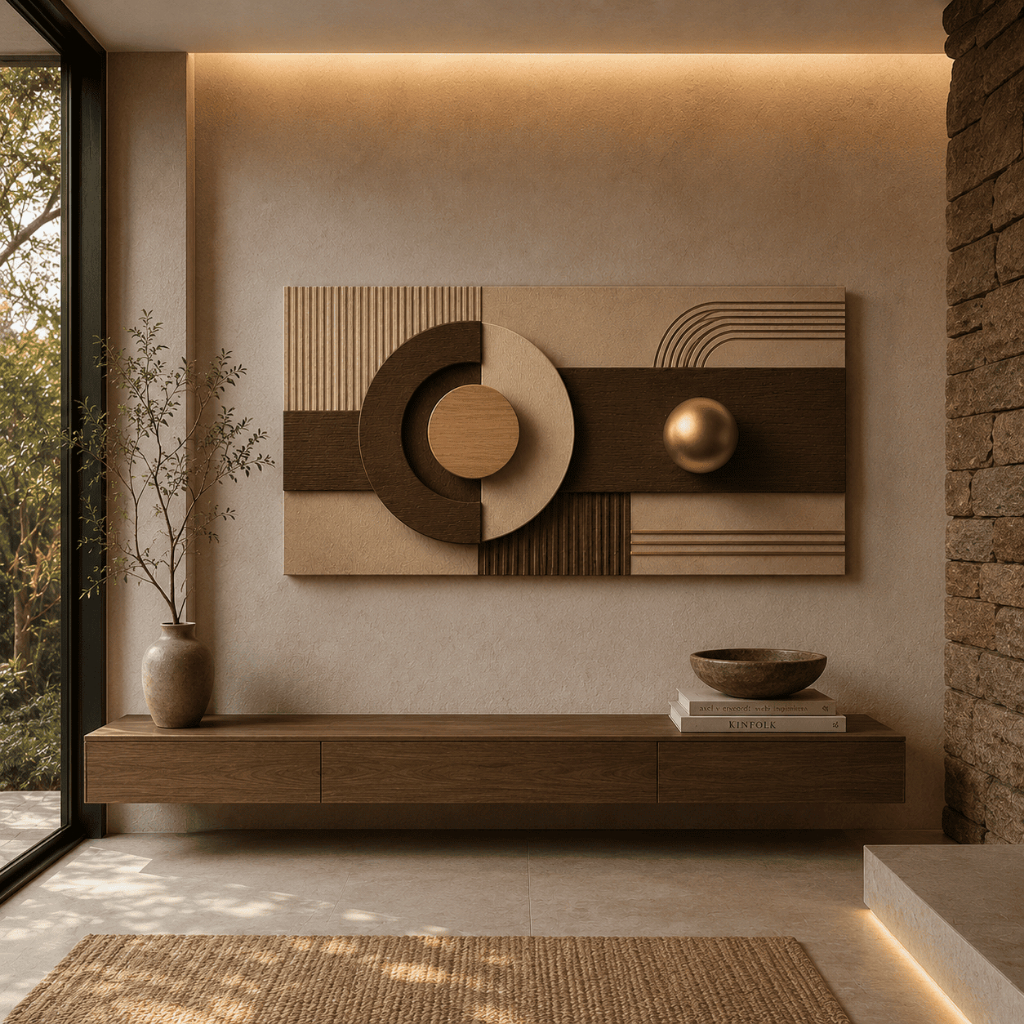 Quadro Abstrato Geométrico Luxo em Tons Bege e Marrom Contemporâneo 110x70 Luxo Sofisticado Clean