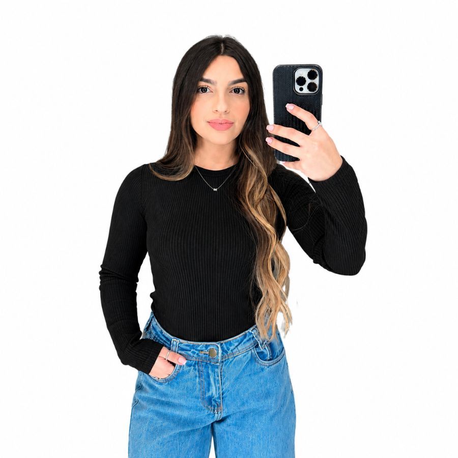 Blusa Feminina Canelada Manga Longa Gola Careca Acinturada Inverno Preta