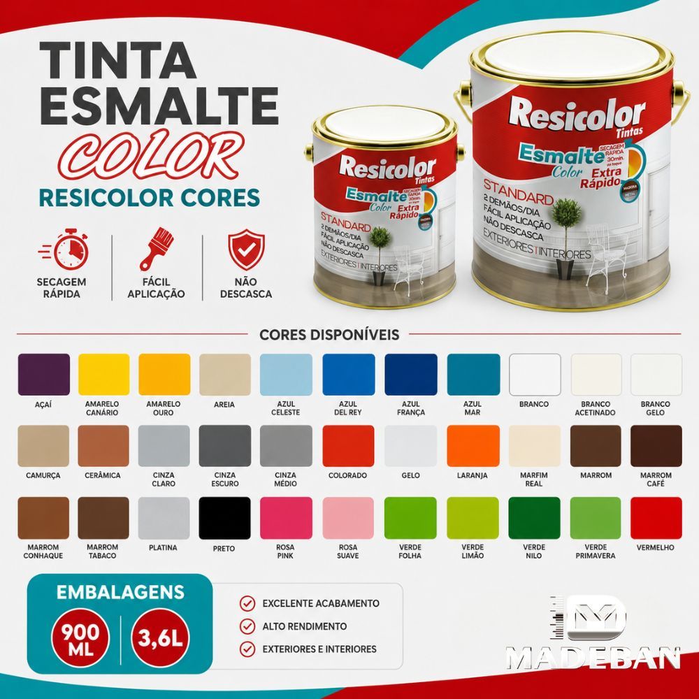 Tinta Esmalte Color Resicolor 3,6L Seca em 30min Cores