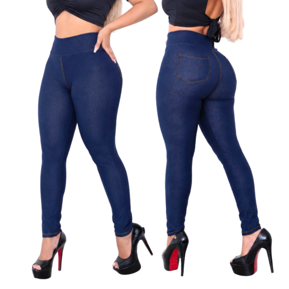 Calça Legging Imita Jeans Feminina Cintura Alta Com Bolso Levanta Bumbum Jeans Fake Premium