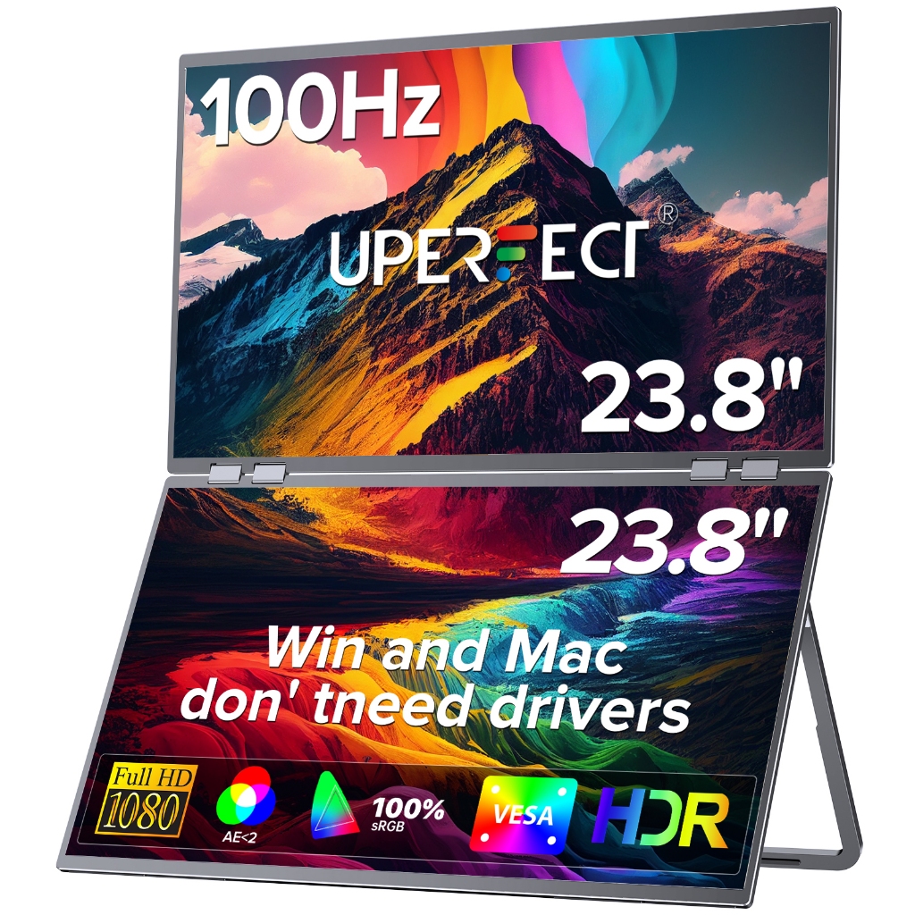 UPERFECT Monitores Portátil 2x23.8 inch 100HZ 1080P 300Nits 120%sRGB IPS 14ms Extensor de Tela para Notebook com HDR PC