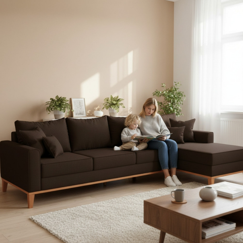 Sofá 4 Lugares Beny com Chaise Direito Corino Marrom