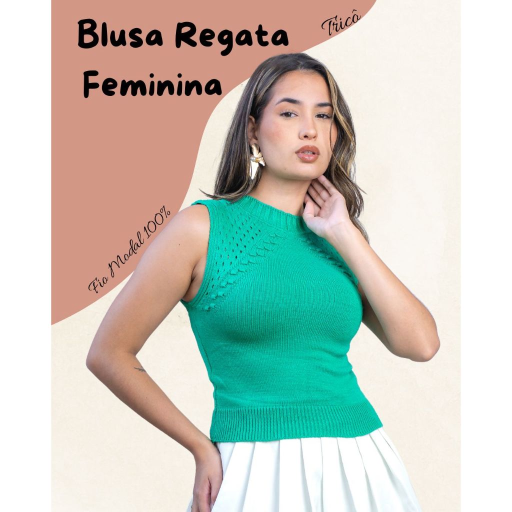 Blusa Feminina Regata Tricot Trabalhado Gola Redonda Canelada Detalhes Vazados Relevo Tricô Casual