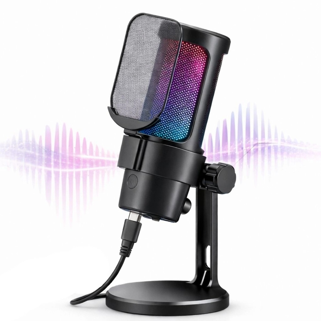 Microfone Gamer RGB Condensador Plug Play USB para Streaming Podcast Lives YouTube PC Notebook
