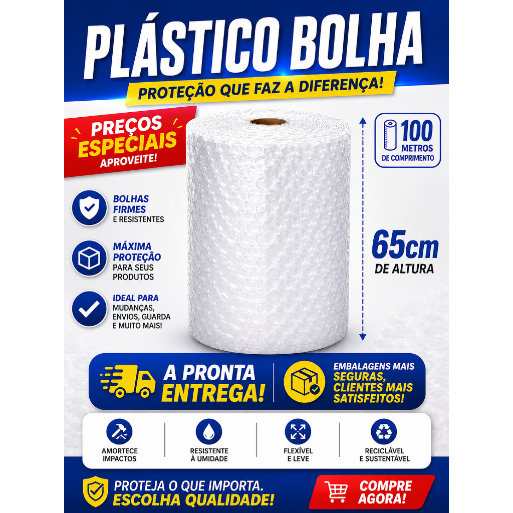 Bobina Plástico Bolha 65cm x 100m | Alta Qualidade |   Proteção para Mudanças, E-commerce e Embalagens!!