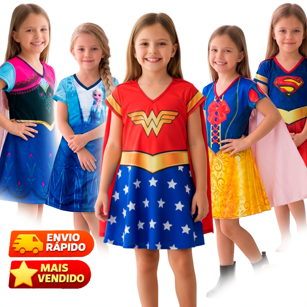 Fantasia Menina Vestido Princesa Frozen Maravilha Neve Batman 1 a 8 Anos Envio Imediato