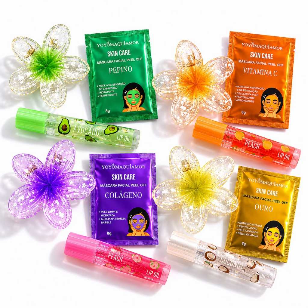 Kit Autocuidado Feminino Presente Lembrancinha Presilha Piranha Flor Lip Oil Máscara Facial Spa Beleza Mimo