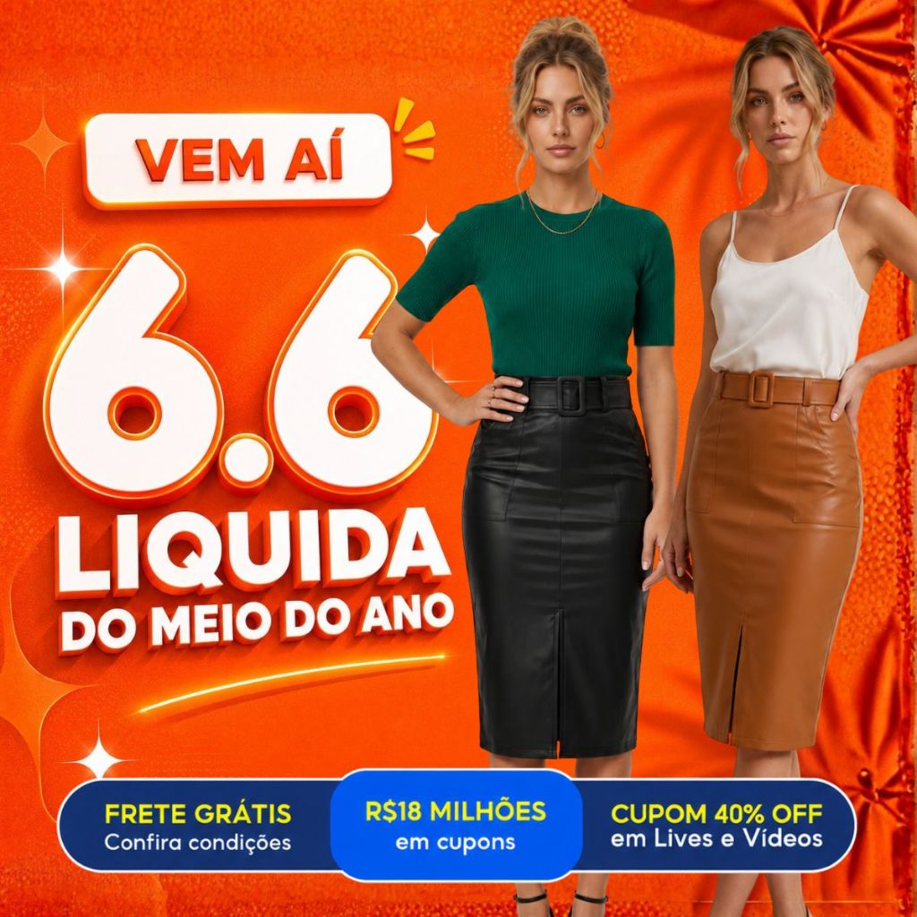 Saia Midi Feminina Fenda Evangélica Cinto E Bolso Em Couro Ecológico Fake com Cinto