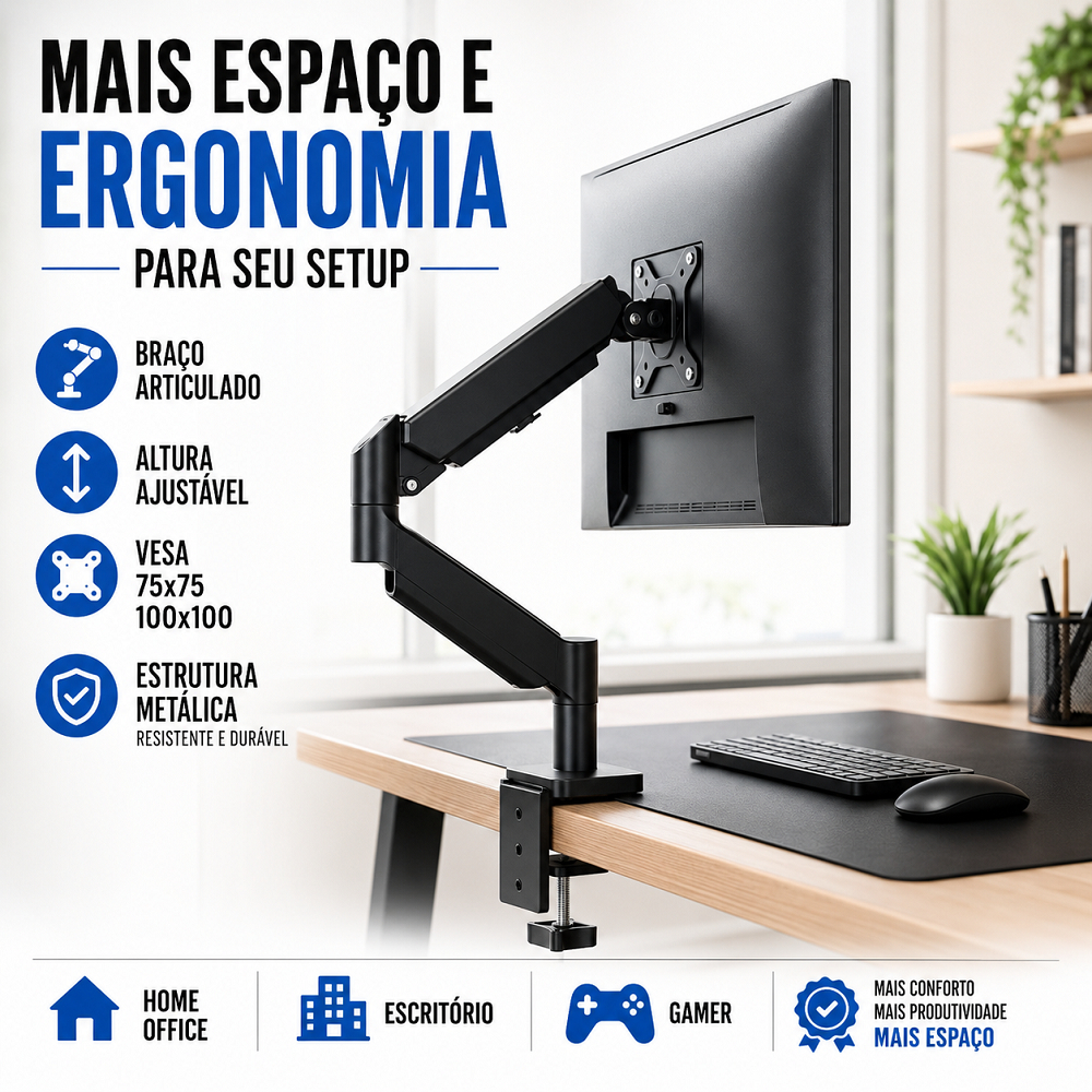 Suporte Para Monitor Braço Articulado Metal Altura Ajustável Vesa 75x75 e 100x100