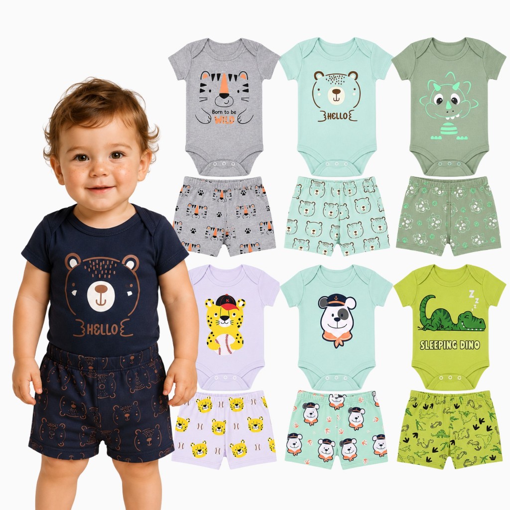 Kit 8 Peças Body Manga Curta e Shorts Tapa Fralda Bebê Menino Fofo Algodão Suedine Estampa Sortida