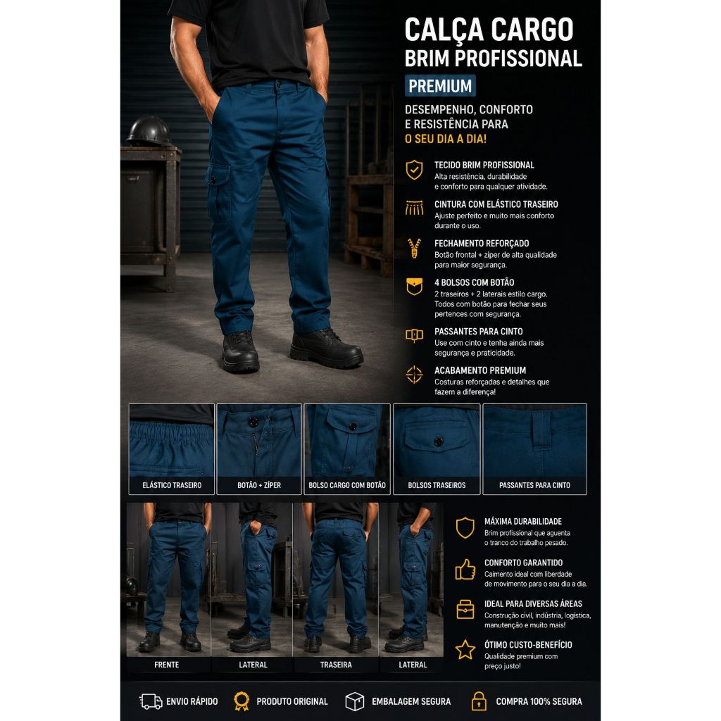 Calça Cargo Masculina Brim Profissional Premium Uniforme Trabalho com Bolsos e Elástico