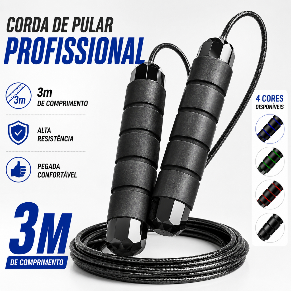 Corda de Pular Profissional Fitness Rolamento 360° Cabo de Aço Ajustável para Academia Boxe Crossfit Kit