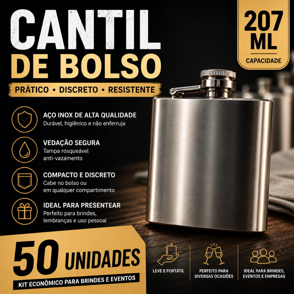 Kit 50 Cantil De Bolso Porta Bebida Whisky Vodka Rum Whiskeira 207ml Em Aço Inox 7 Oz