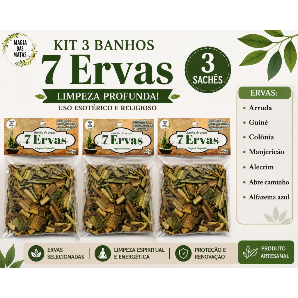 Kit 3 Banhos 7 Ervas Limpeza Espiritual Descarrego Proteção/Umbanda