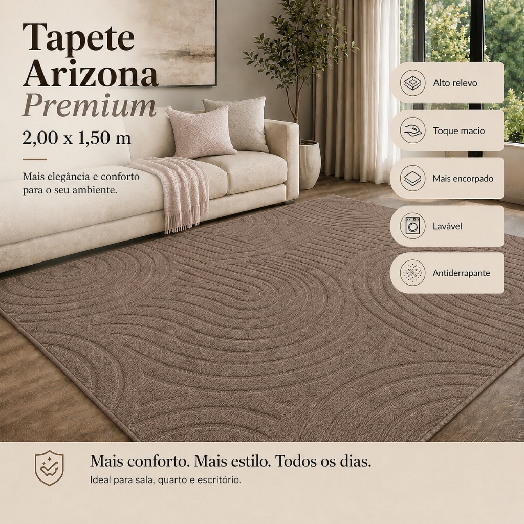 Tapete Sala 2,00x1,50 Alto Relevo Moderno Premium Macio Antiderrapante Quarto Decorativo Marrom Claro