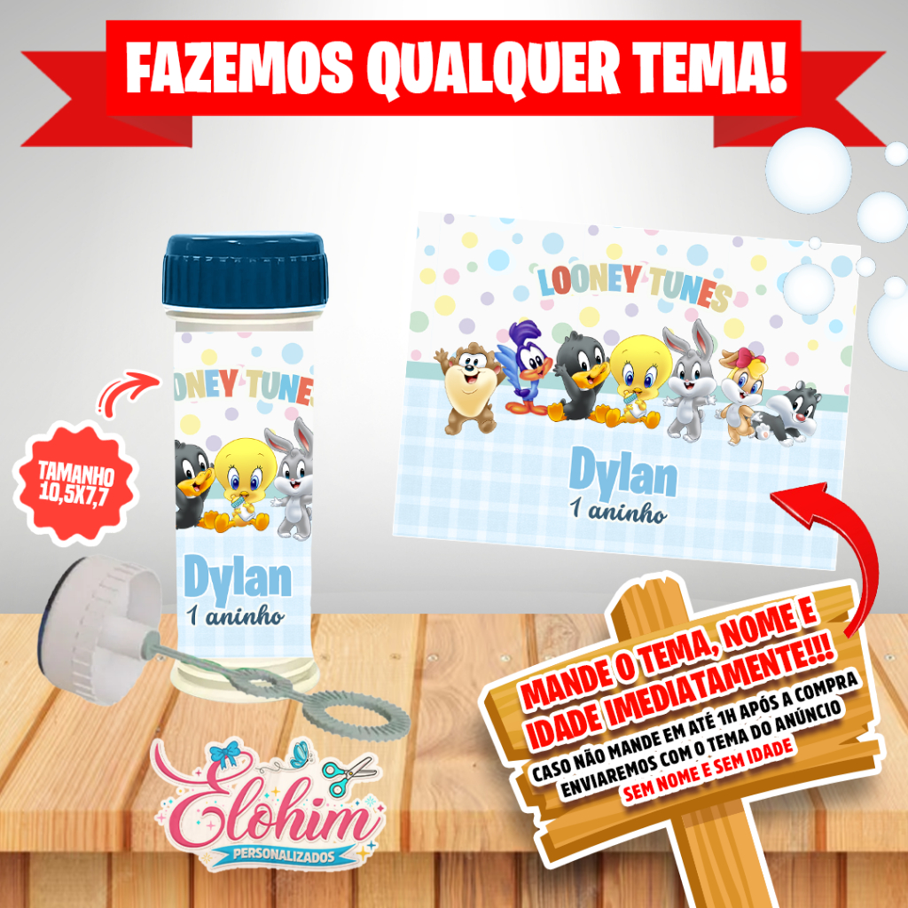 Rótulo Adesivo para personalizar Bolha de Sabão (FAZEMOS QUALQUER TEMA) Looney tunes