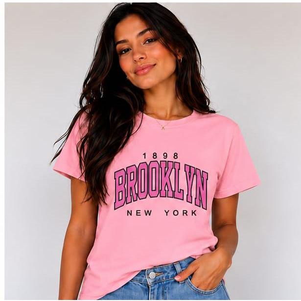 Camiseta Feminina BROOKLYN, Òtima Qualidade 100% Algodão Gola Redonda Casual Confortável e Qualidade Envio Rapido