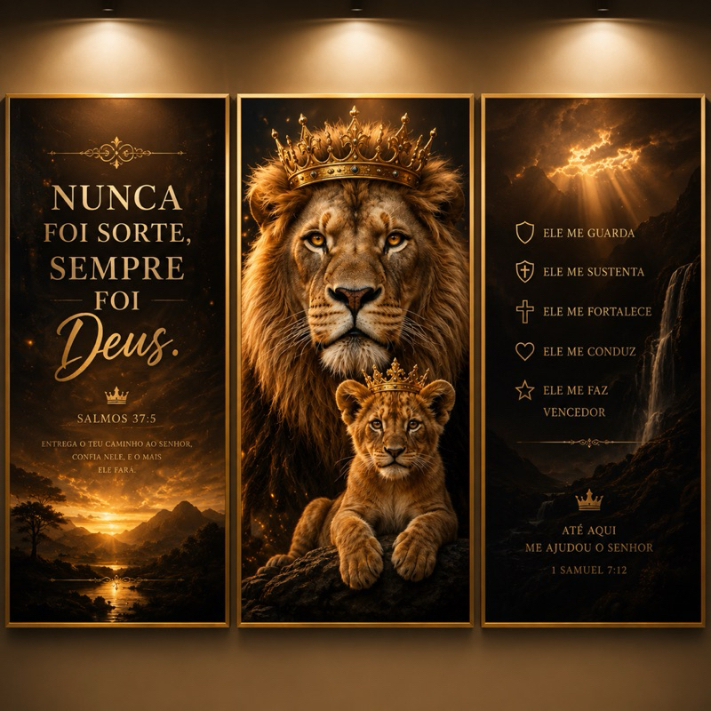 Quadro Decorativo Grande Leão e Filhote Religioso Nunca Foi Sorte Sempre Foi Deus 3 Peças 122x60
