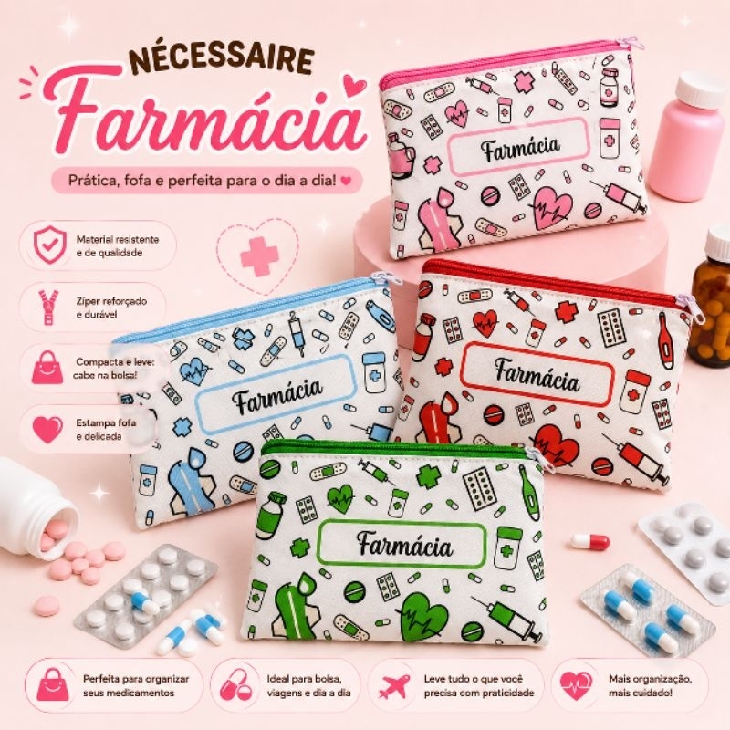 Nécessaire Farmacinha com nome Farmácia - Porta Remédios e Medicamentos