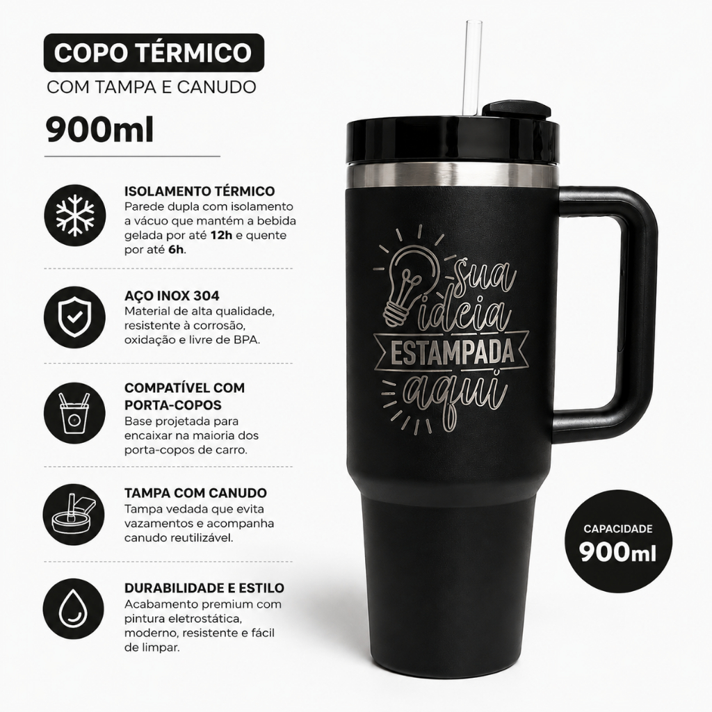 Copo Térmico 900ml Com Tampa e Canudo Personalizado Gravação a Laser Inox Premium