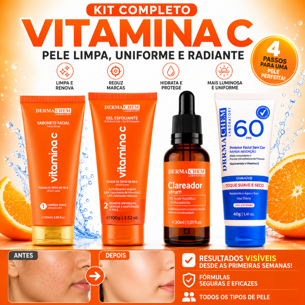 Skincare Vitamina C Dermachem Clareador Sérum Protetor Solar Facial FPS60 Sabonete Gel Esfoliante