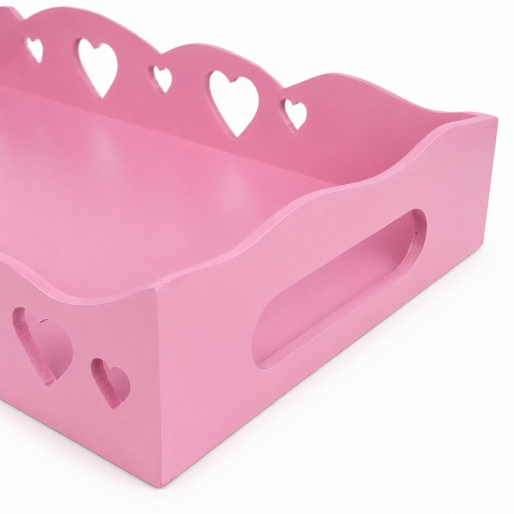 Bandeja Decorativa MDF  (24x15x05) Rosa Com Alças E Recortes De Coração Para Quarto Sala