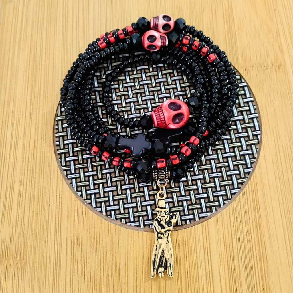 🕯️GUIA FIO DE CONTAS EXU JOÃO CAVEIRA CAPA PRETA TIRIRI TRANCA RUA PINGA FOGO ART ENCANTO 🕯️
