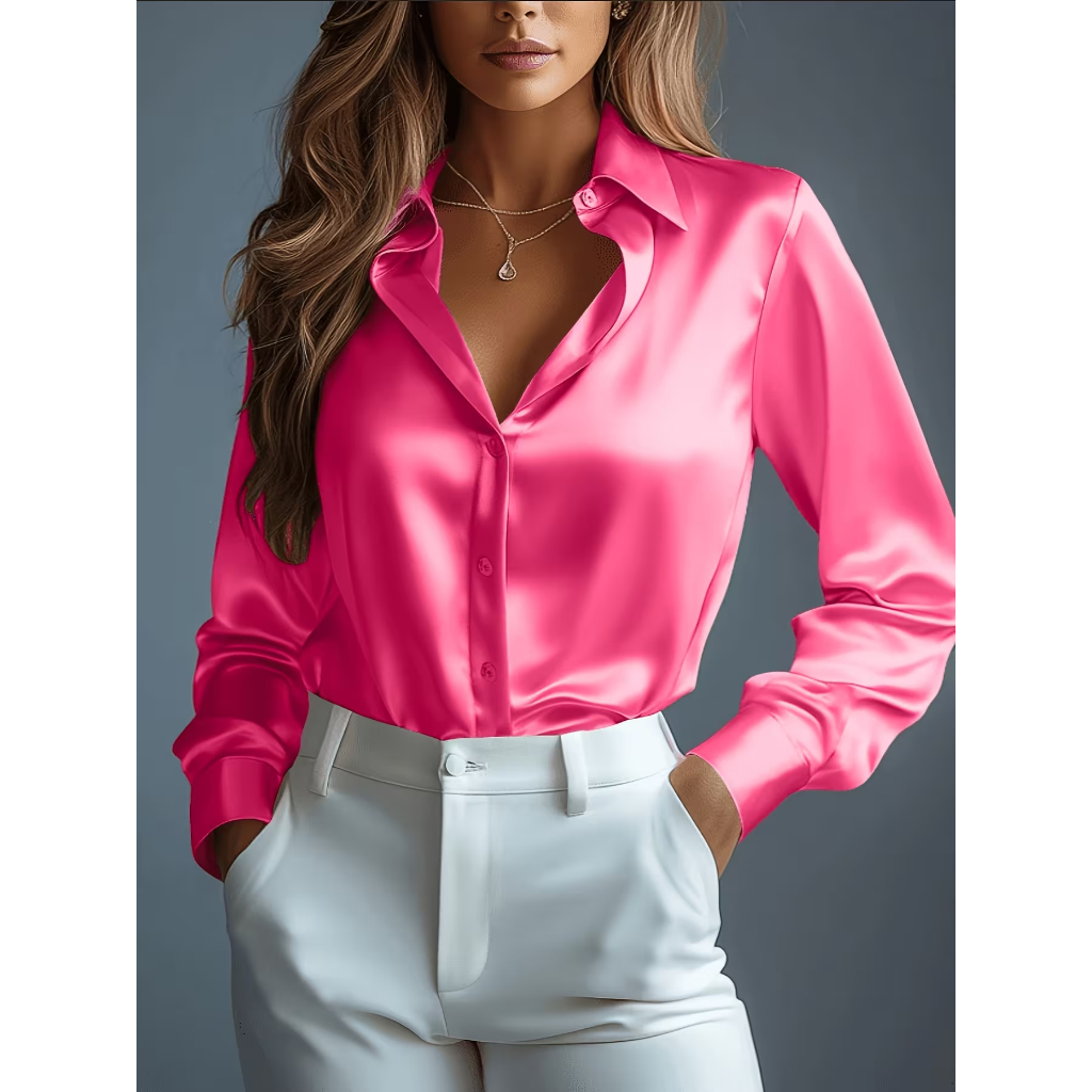 Blusa PINK com Decote em V e Caimento de Cetim, Blusa Feminina Simples mas Luxuosa, Camisa de Gola Aberta TAM GG