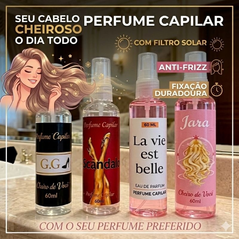 PERFUME PARA CABELO 60ML LONGA DURACAO BRILHO INTENSO ANTI-FRIZZ E FILTRO SOLAR PERFUMADO