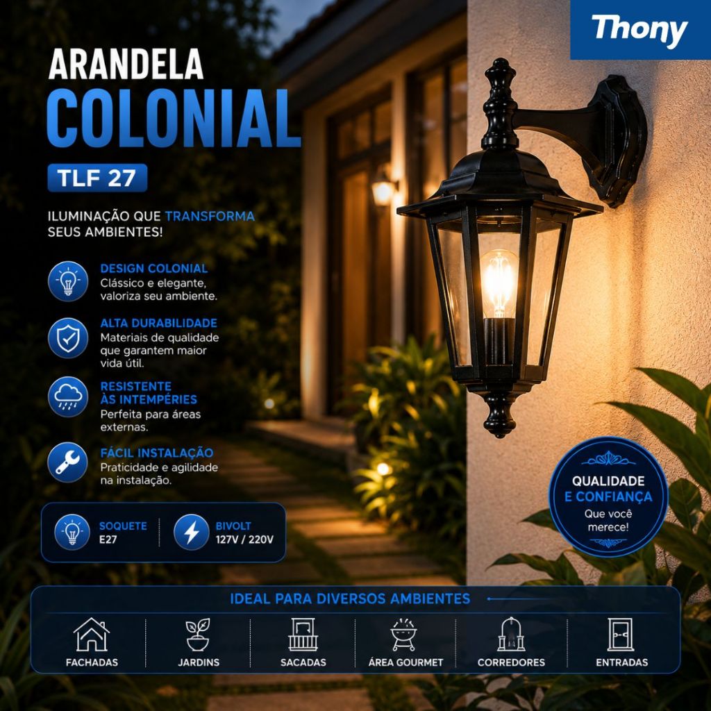Arandela Colonial Taschibra TLF 27 Preta E27 Bivolt Luminária Parede
