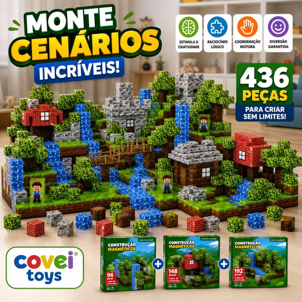 Blocos Magnéticos 60 Até 436 Peças Construção Infantil Educativo Encaixe Magnético Tipo Minecraft