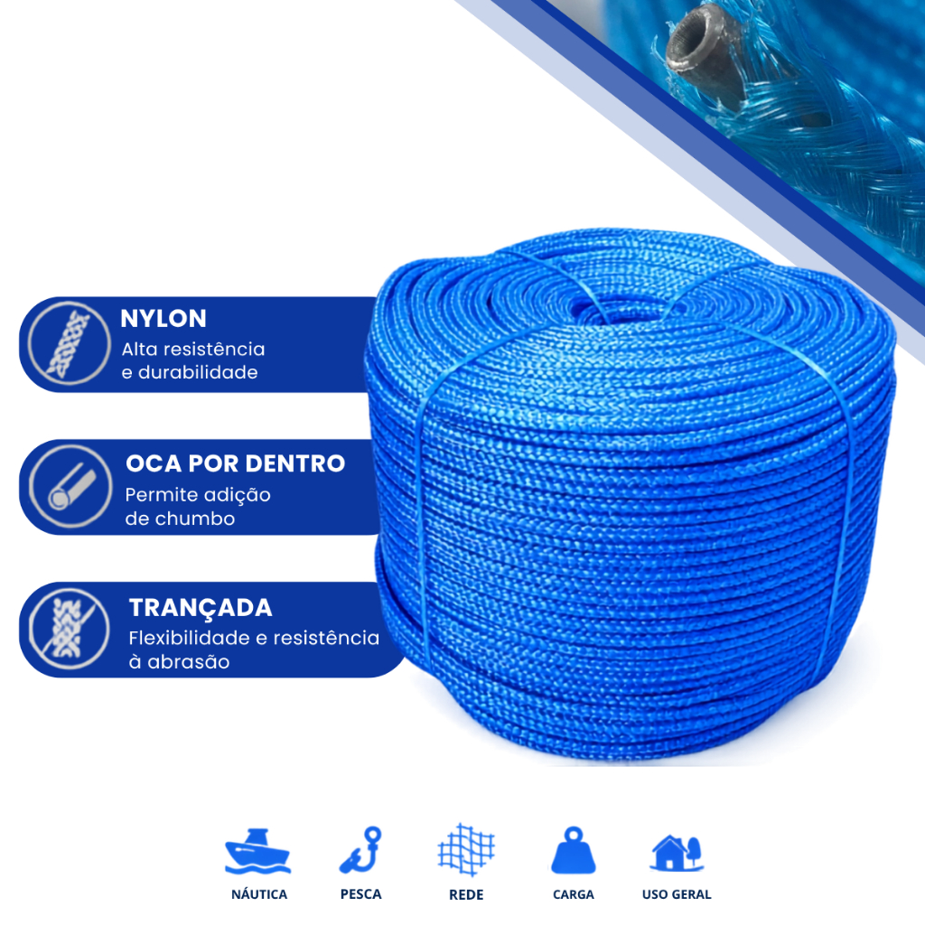 Corda Multifilamento Polietileno Trançada 6mm 4kg 333 metros Azul Rede Tarrafa Pesca Chumbo Oca