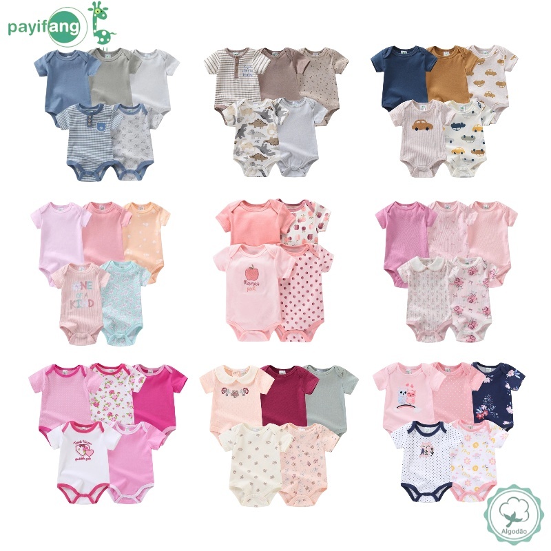 Kit 5 Bodys Estampado Roupa Bebê Manga Curta Menino e Menina estampa sortida - 100% algodão/suedine