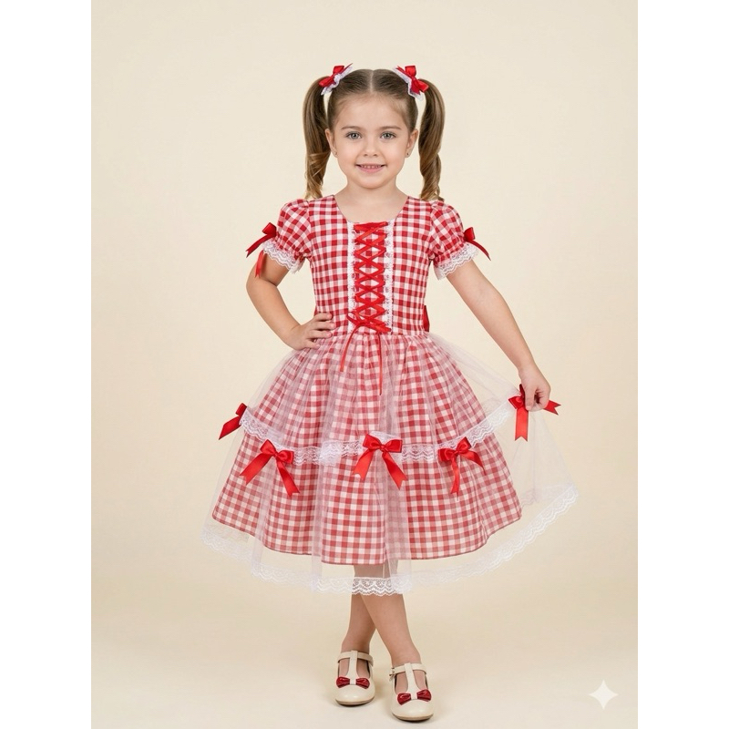 Vestido Infantil Caipira Festa Junina Xadrez Luxo com Tule - Vermelho ou Azul- Estoque Limitado