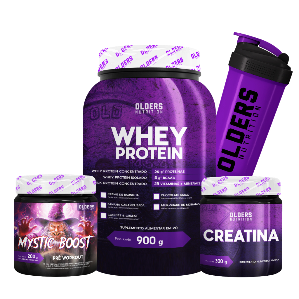 Kit Fitness Olders Whey Protein 900g + Creatina 300g + Pré Treino 200g e Shaker Energia Total
