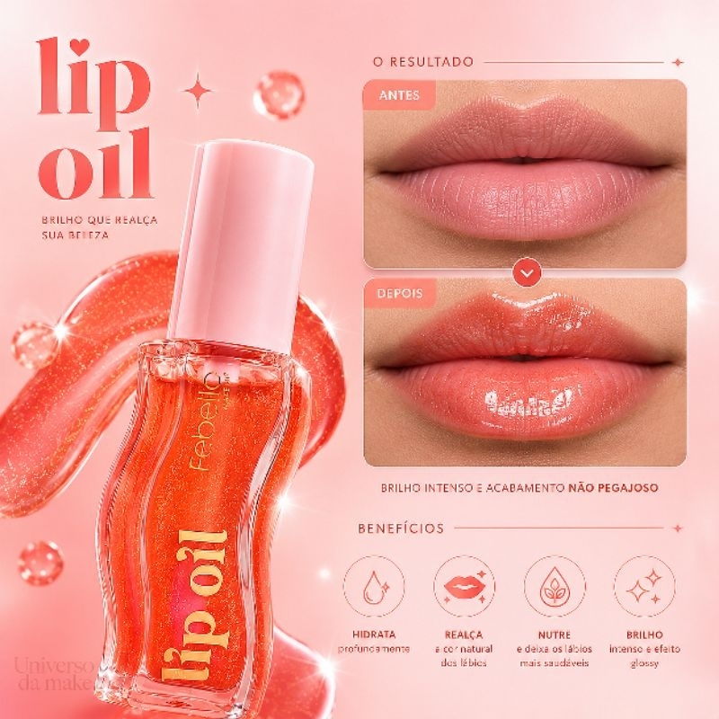 Lip Oil Febella Hidratante Labial Gloss Brilho Intenso com Glitter Efeito Glow Rosa Natural