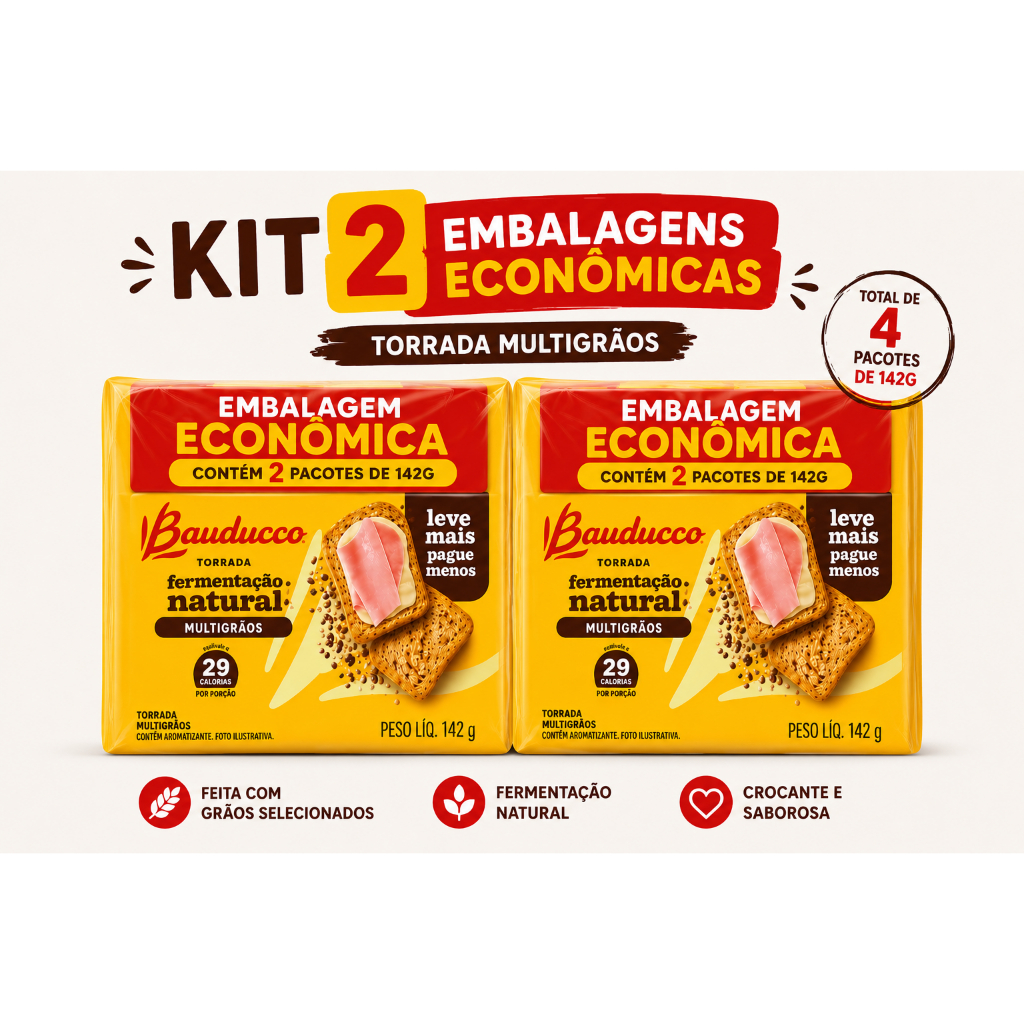 Kit com 2 embalagens econômicas da deliciosa Torrada Bauducco Multigrãos Fermentação Natural.
