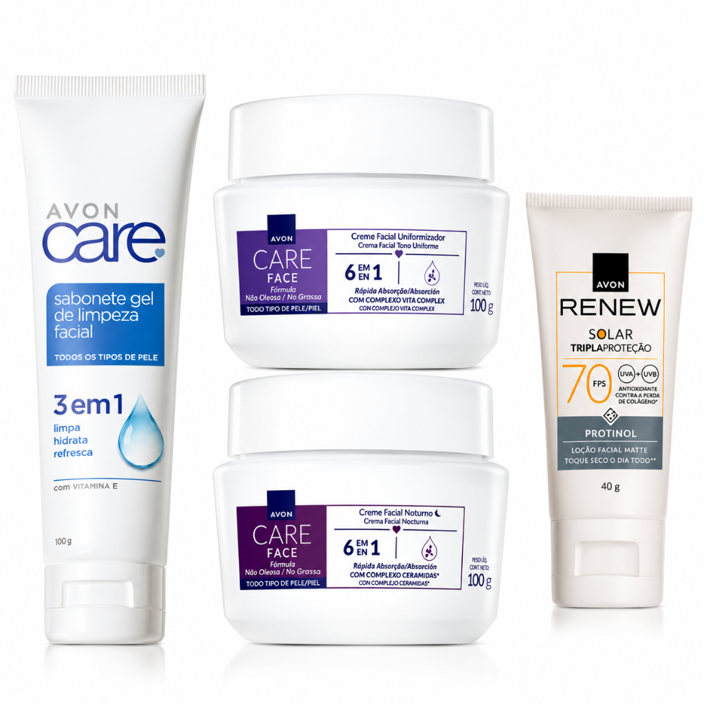 Kit Skincare Avon Care 4 Produtos Creme Dia e Noite + Sabonete Facial 3 em 1 + Protetor Solar Renew FPS 70